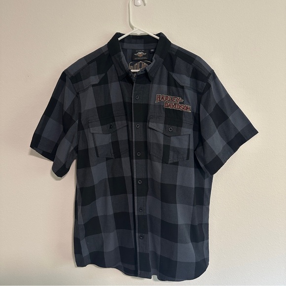 Harley Davidson Mens Logo Patch Black Gray Plaid Short Sleeve Shirt Size XL - Picture 1 of 7